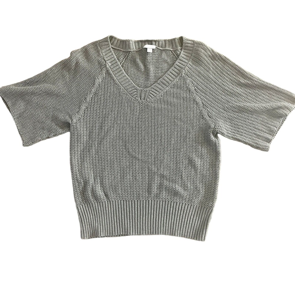 J. Jill Knit V Neck Sweater Sz M Gray Brown Wide Short Sleeve Cotton Blend